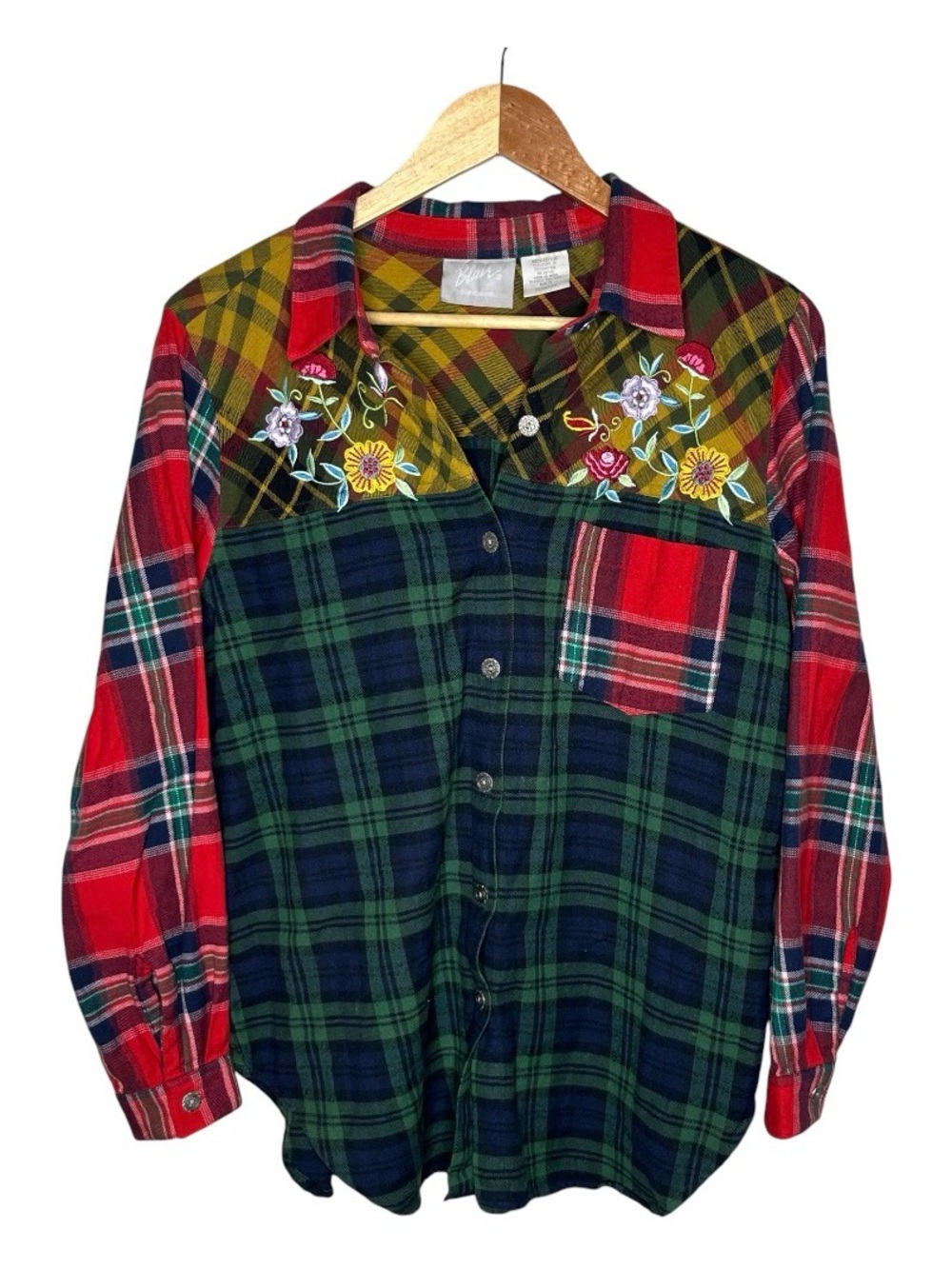 Vintage Mixed Print Plaid Floral Embroidered Button Down Flannel Primary Colors